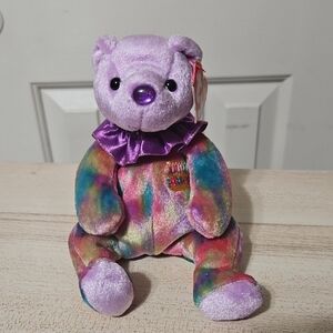 Ty February Multicolor Plush Bear with Purple Accents